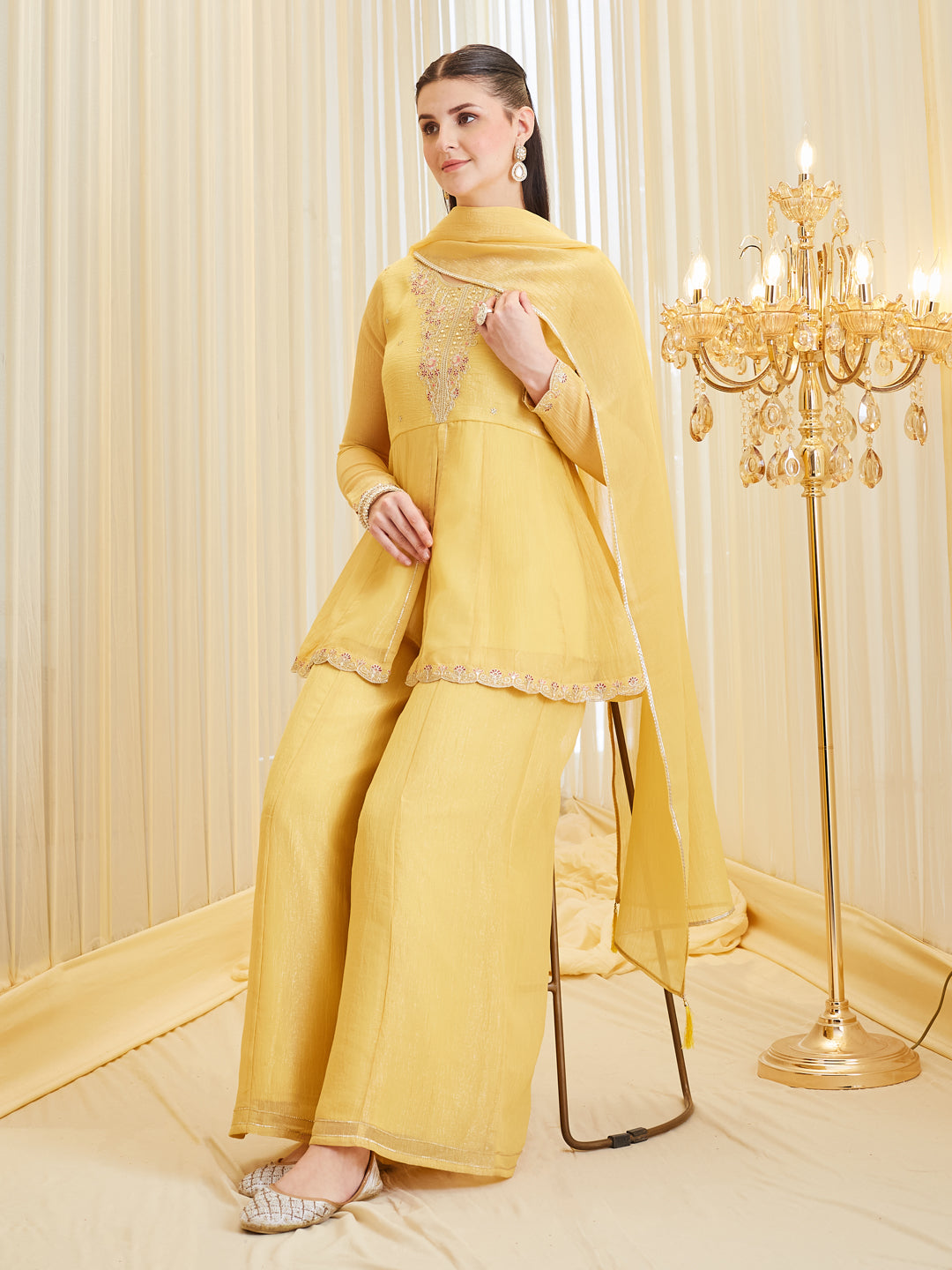 Stylish Yellow Silk Embroidered Ethnic Set With Dupatta For Women