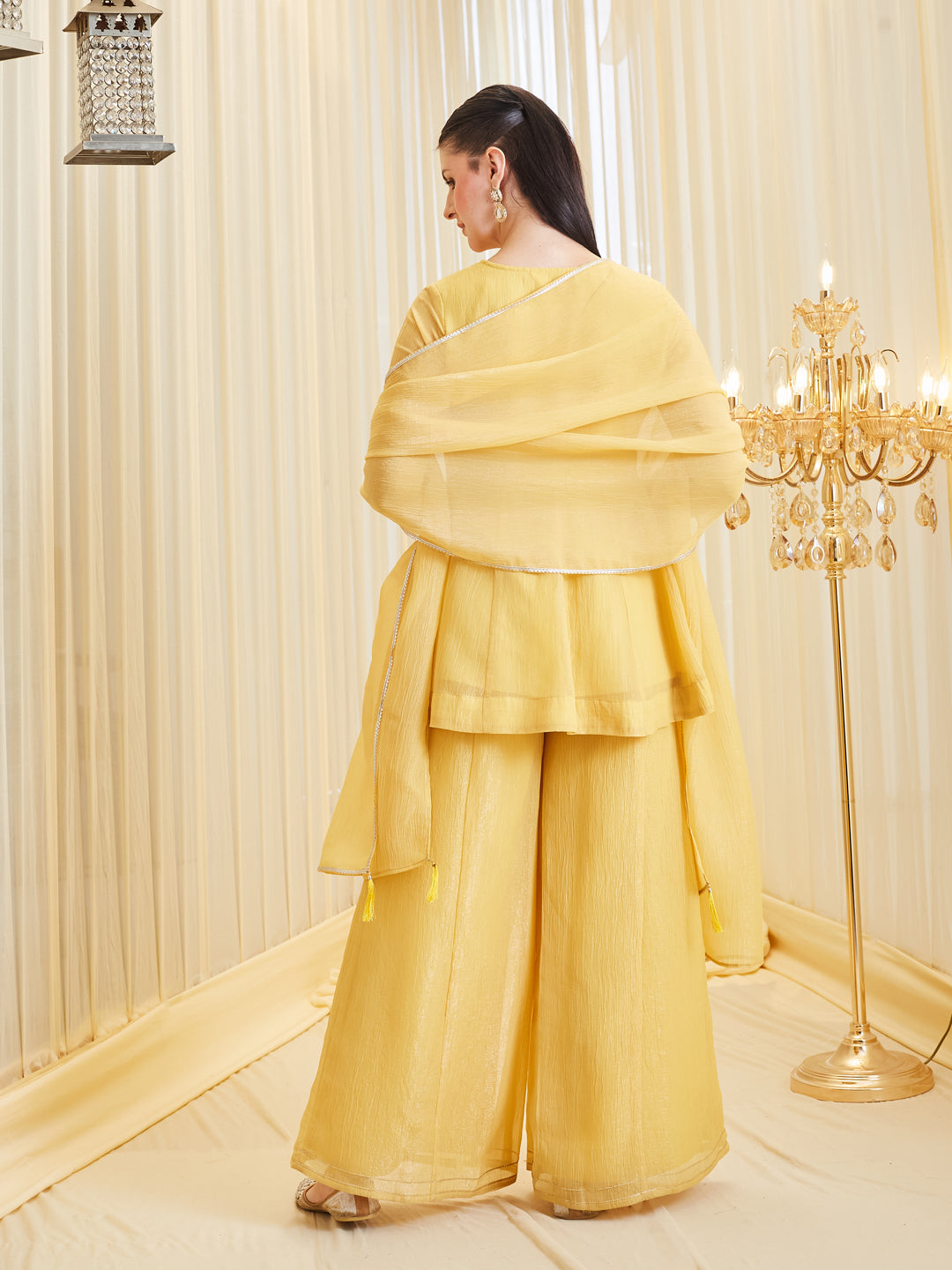 Stylish Yellow Silk Embroidered Ethnic Set With Dupatta For Women