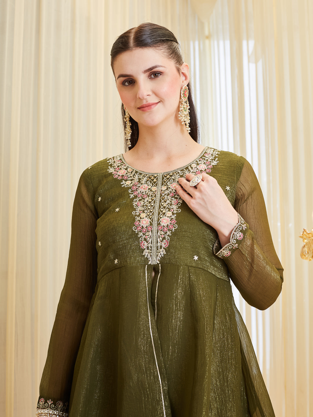Trendy Green Silk Embroidered Kurta Palazzo Set With Dupatta For Women