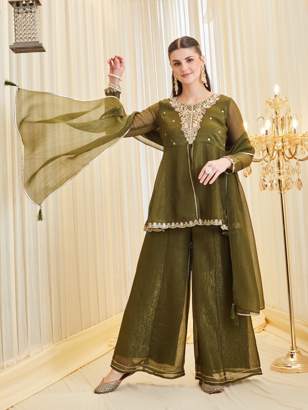Trendy Green Silk Embroidered Kurta Palazzo Set With Dupatta For Women