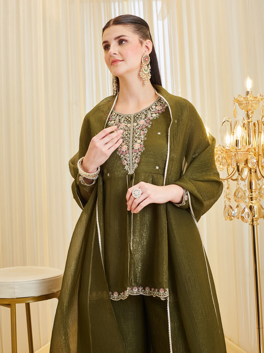 Trendy Green Silk Embroidered Kurta Palazzo Set With Dupatta For Women