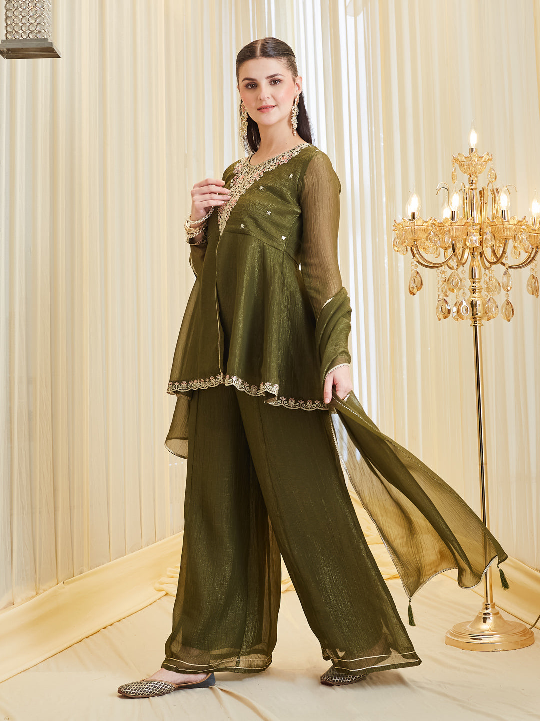Trendy Green Silk Embroidered Kurta Palazzo Set With Dupatta For Women