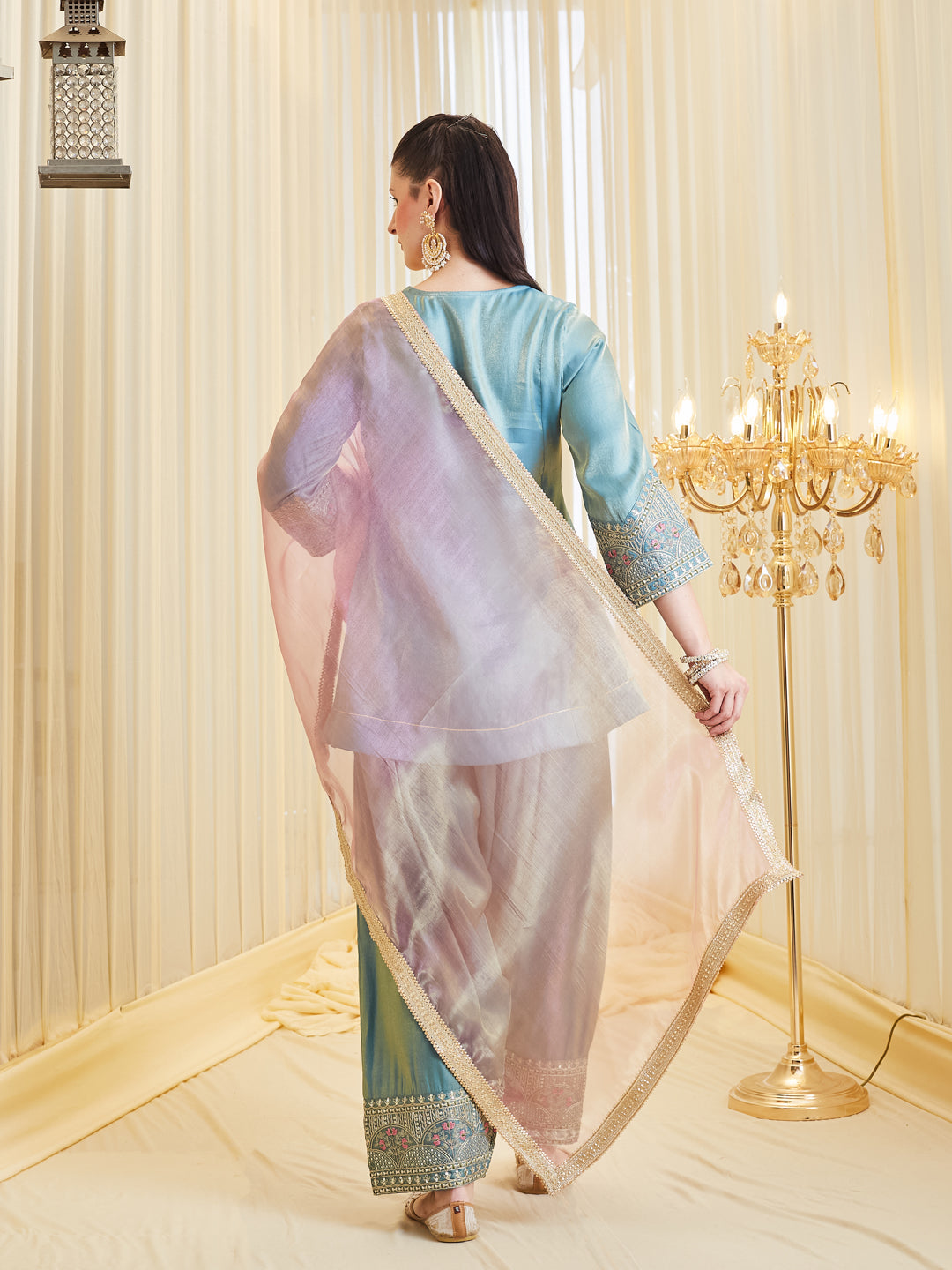 Blue Silk Solid Embroidered Kurta & Palazzo With Dupatta Set For Women