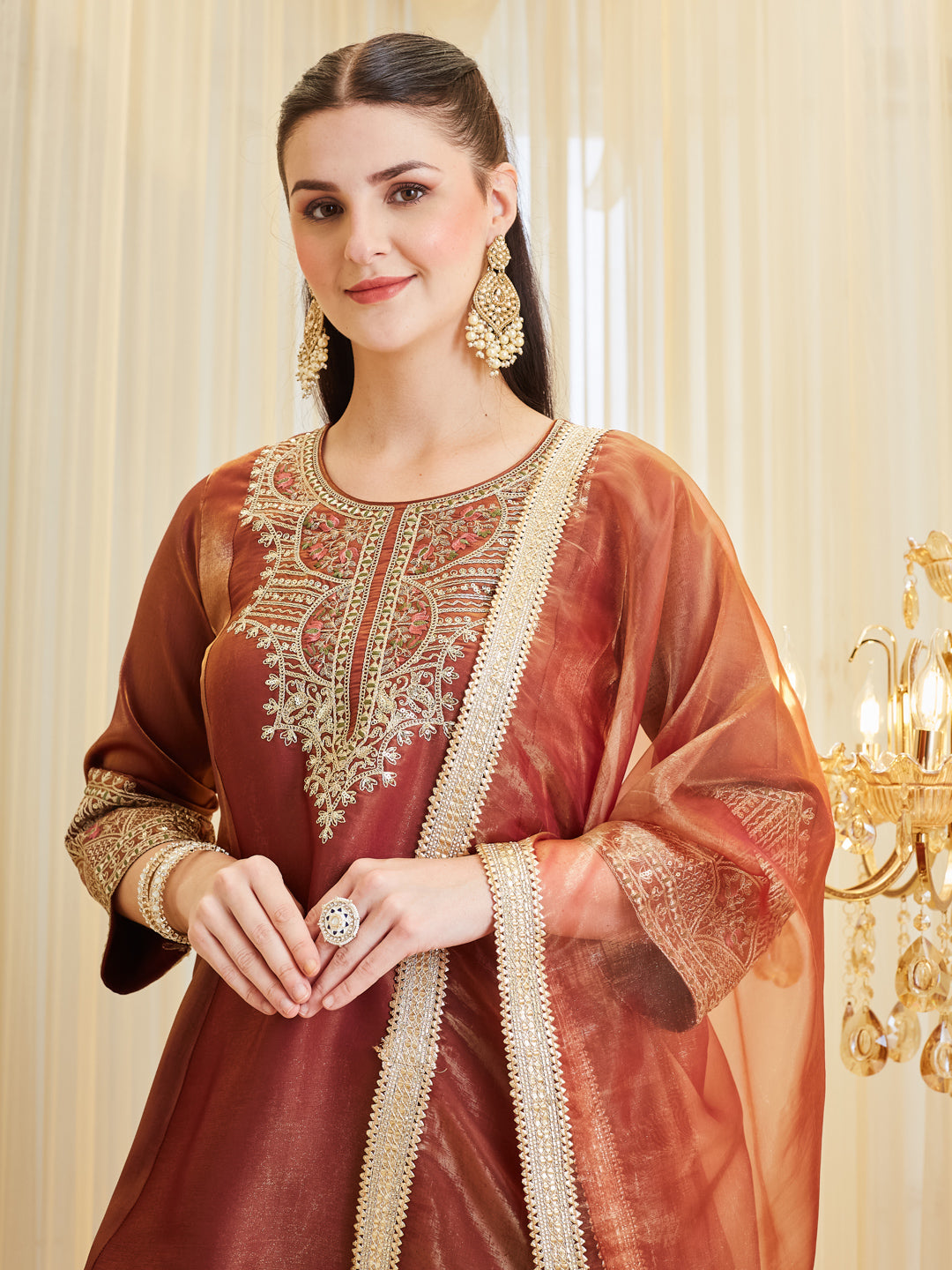 Maroon Silk Embroidered Farshi Palazzo Set With Dupatta For Women
