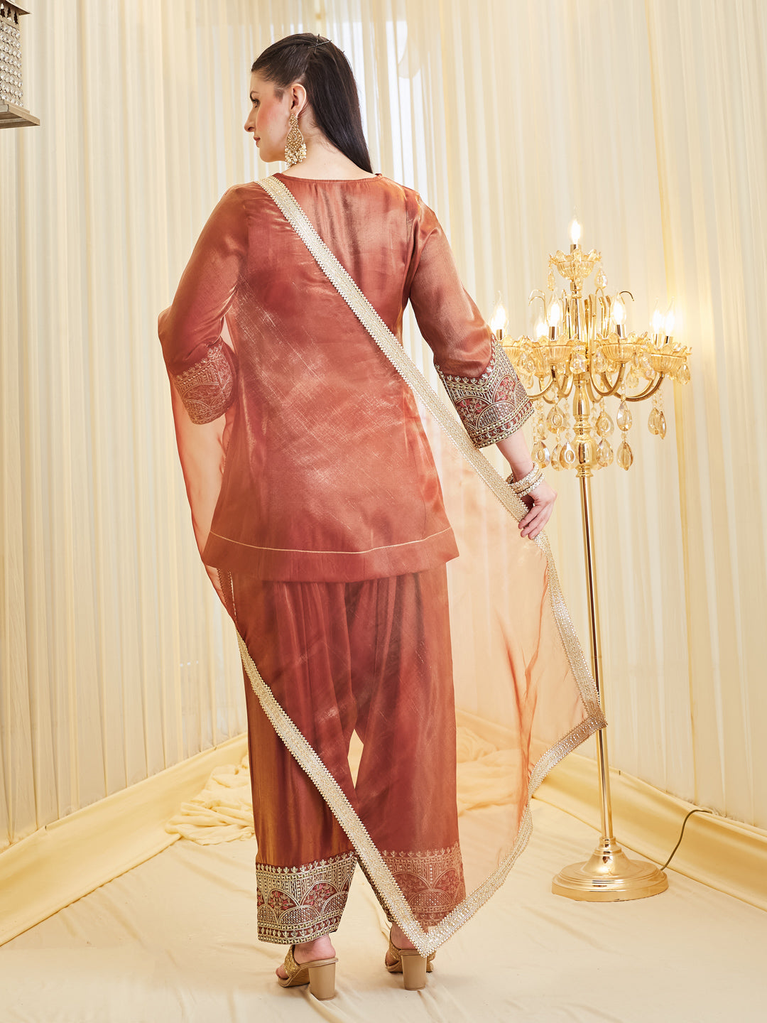 Maroon Silk Embroidered Farshi Palazzo Set With Dupatta For Women