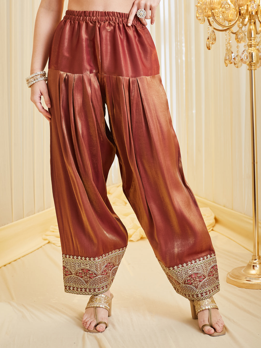 Maroon Silk Embroidered Farshi Palazzo Set With Dupatta For Women