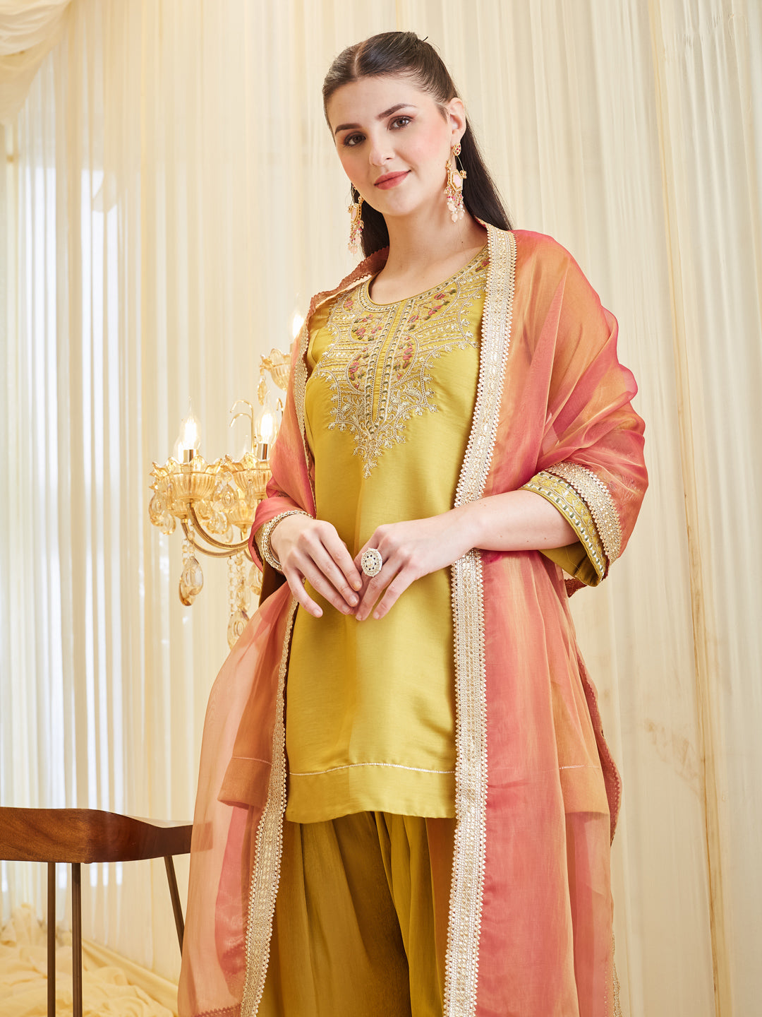 Yellow Silk Embroidered Ethic Palazzo Set With Dupatta For Women