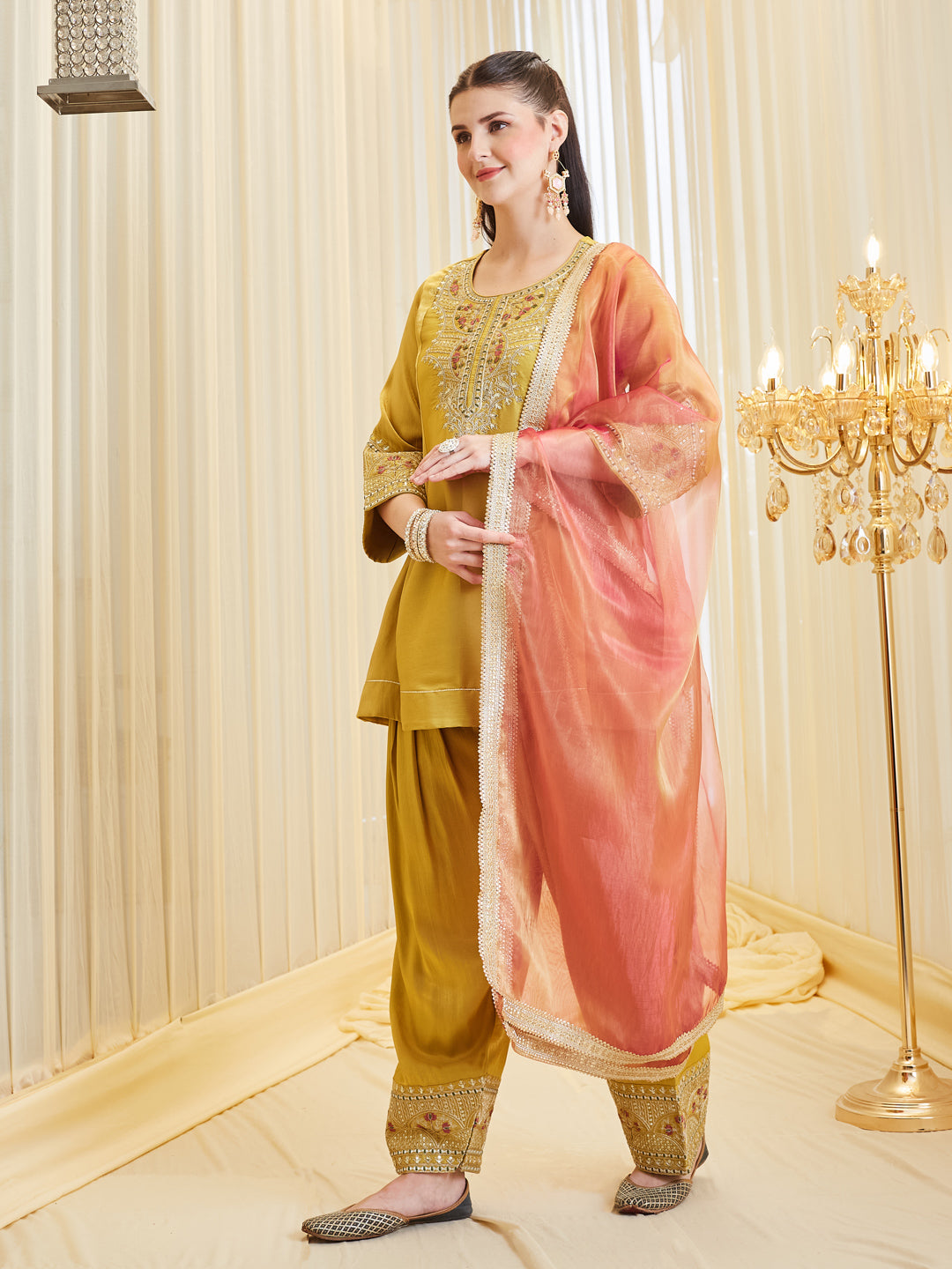Yellow Silk Embroidered Ethic Palazzo Set With Dupatta For Women