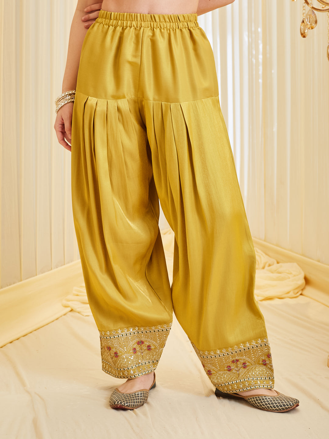 Yellow Silk Embroidered Ethic Palazzo Set With Dupatta For Women