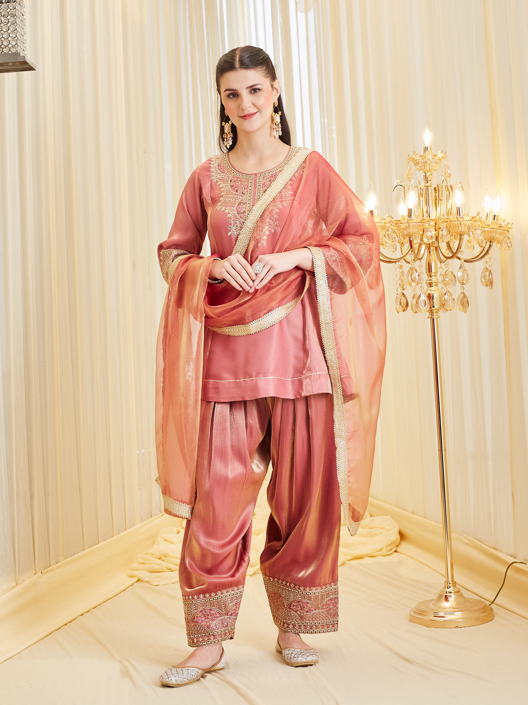 Pink Floral Zari Silk Embroidered Farshi Palazzo With Dupatta Set For Women