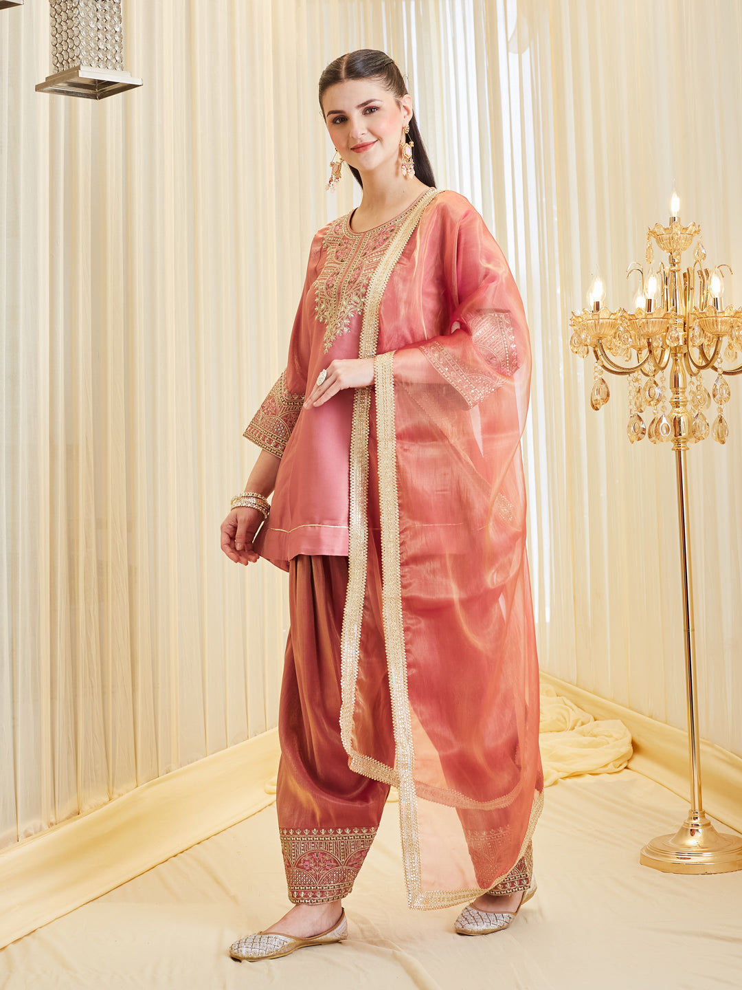 Pink Floral Zari Silk Embroidered Farshi Palazzo With Dupatta Set For Women