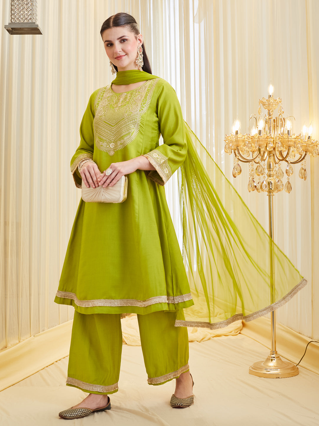 Women’s Neon Embroidered Kurta Palazzo With Dupatta set