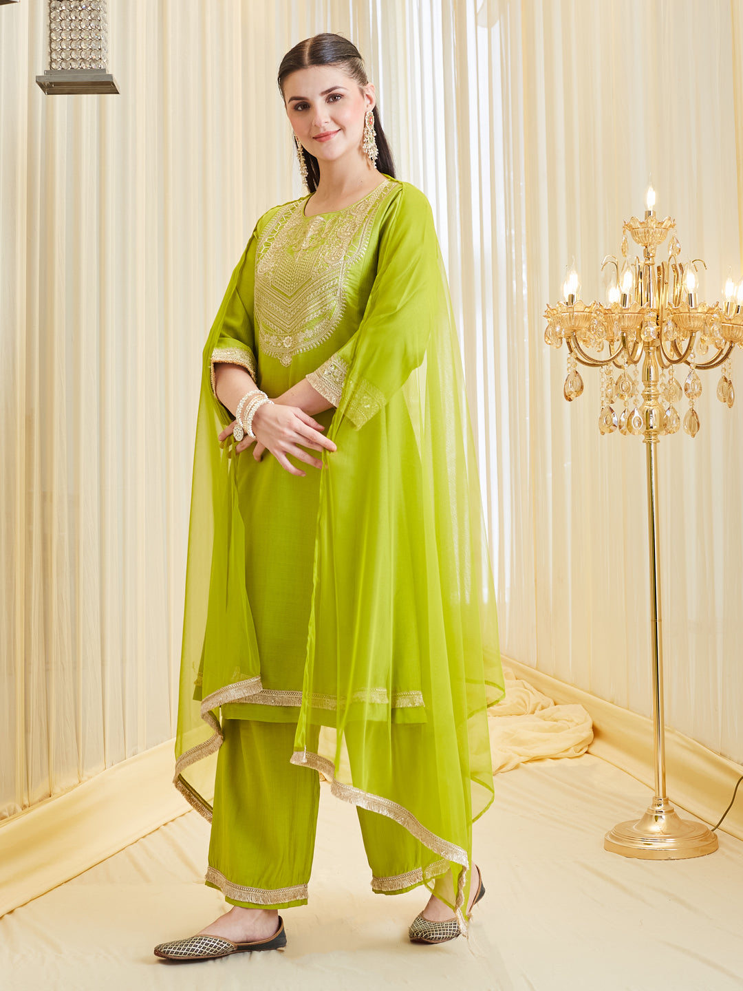 Women’s Neon Embroidered Kurta Palazzo With Dupatta set