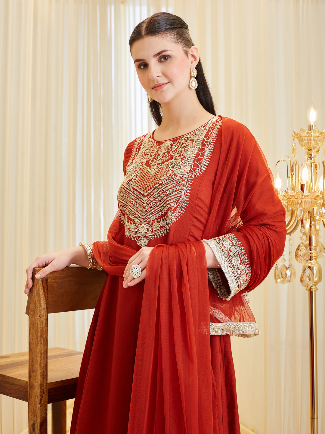 Rust Silk Embroidered Festive Anarkali Palazzo Set with Dupatta For Women