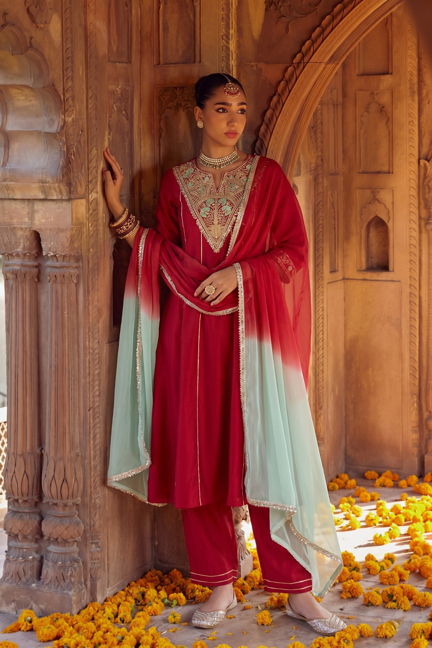 Red Silk Embroidered Anarkali Suit Set With Dupatta For Women