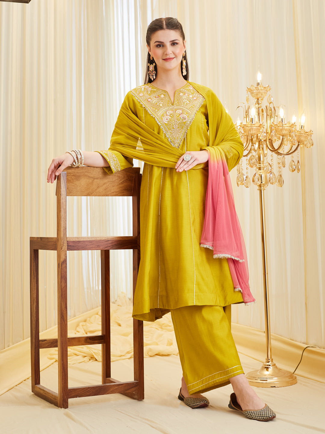 Premium Mustard Silk Embroidered Ethnic Anarkali Set With Dupatta For Women