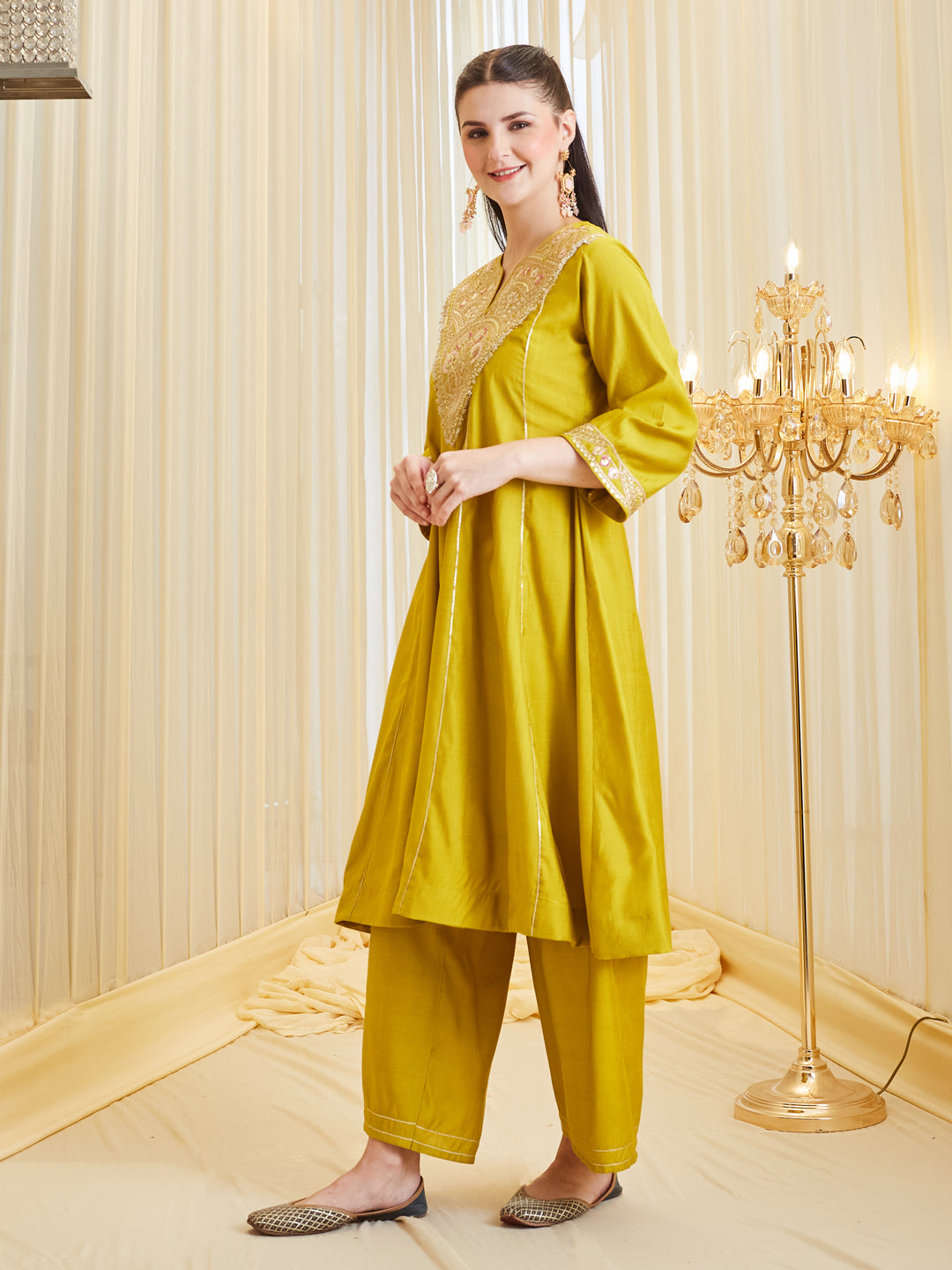 Premium Mustard Silk Embroidered Ethnic Anarkali Set With Dupatta For Women
