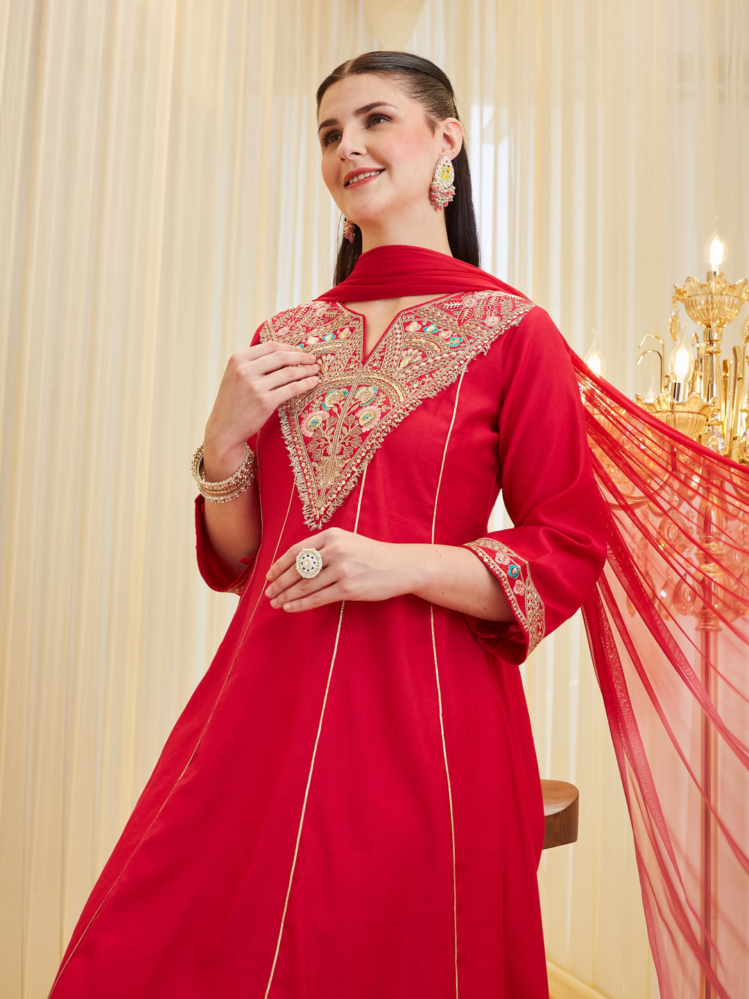 Traditional Rani Silk Embroidered Anarkali Suit Set With Dupatta For Women