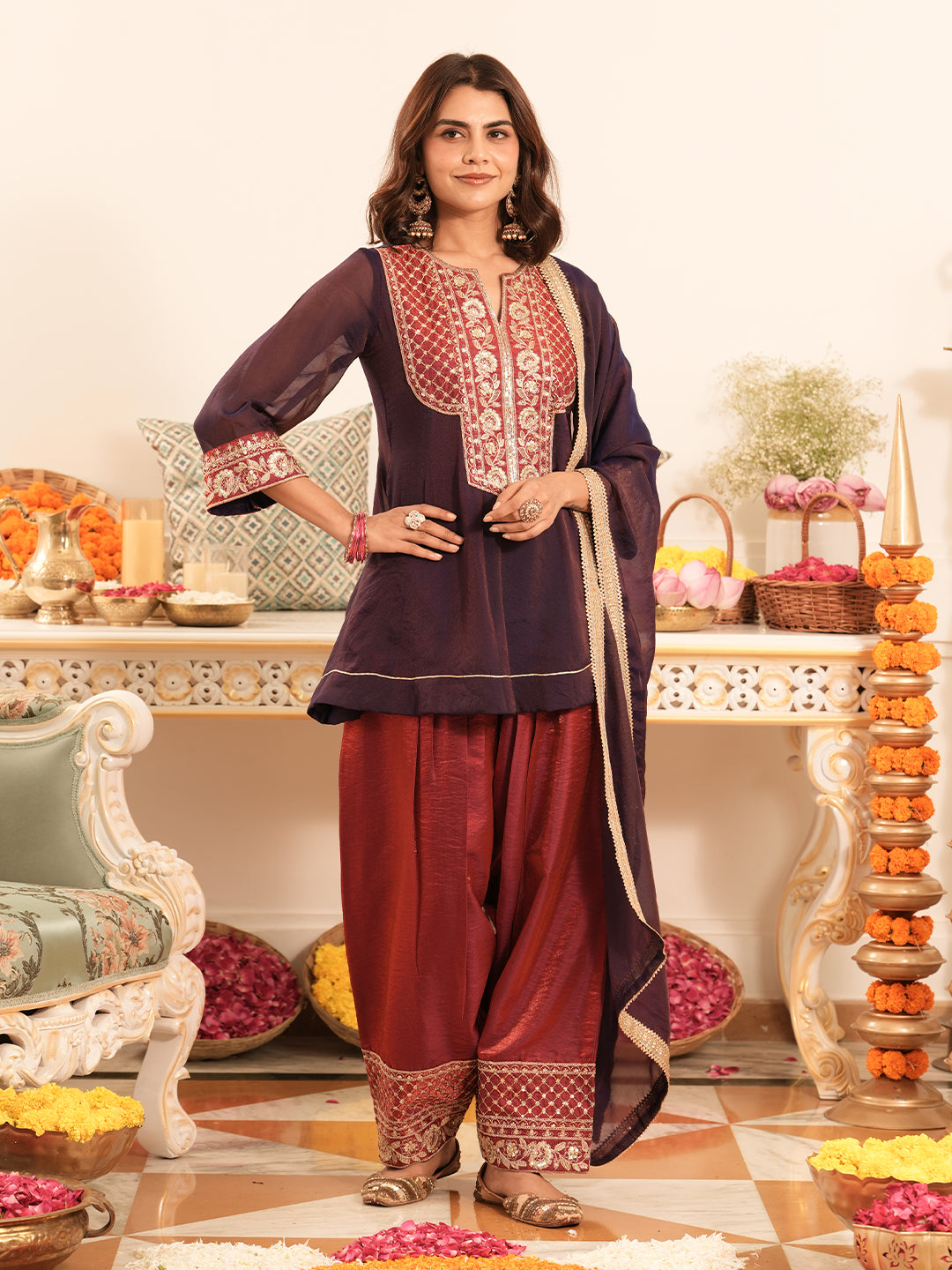 Violet Silk Embroidered Farshi Set with Dupatta