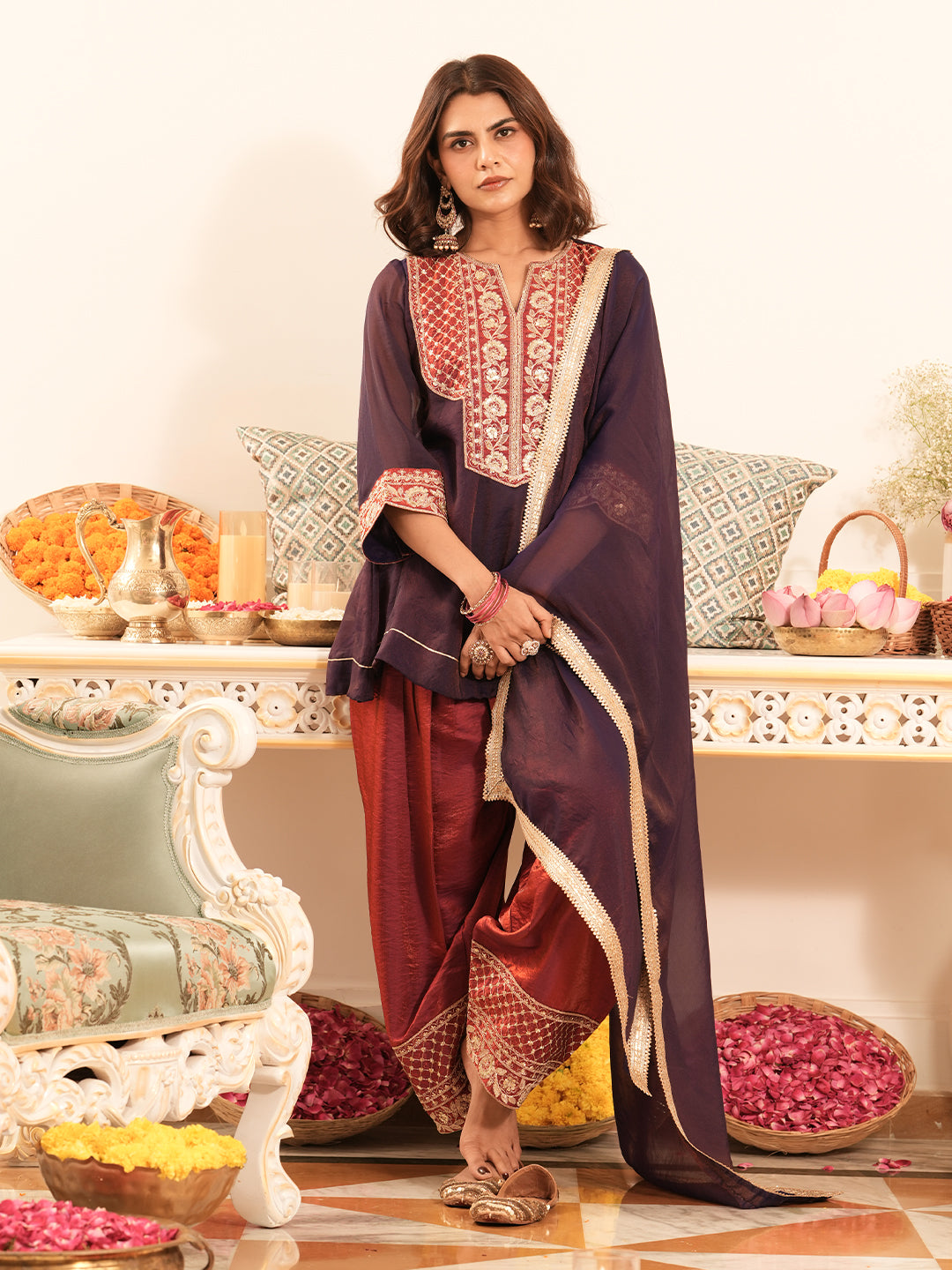 Violet Silk Embroidered Farshi Set with Dupatta