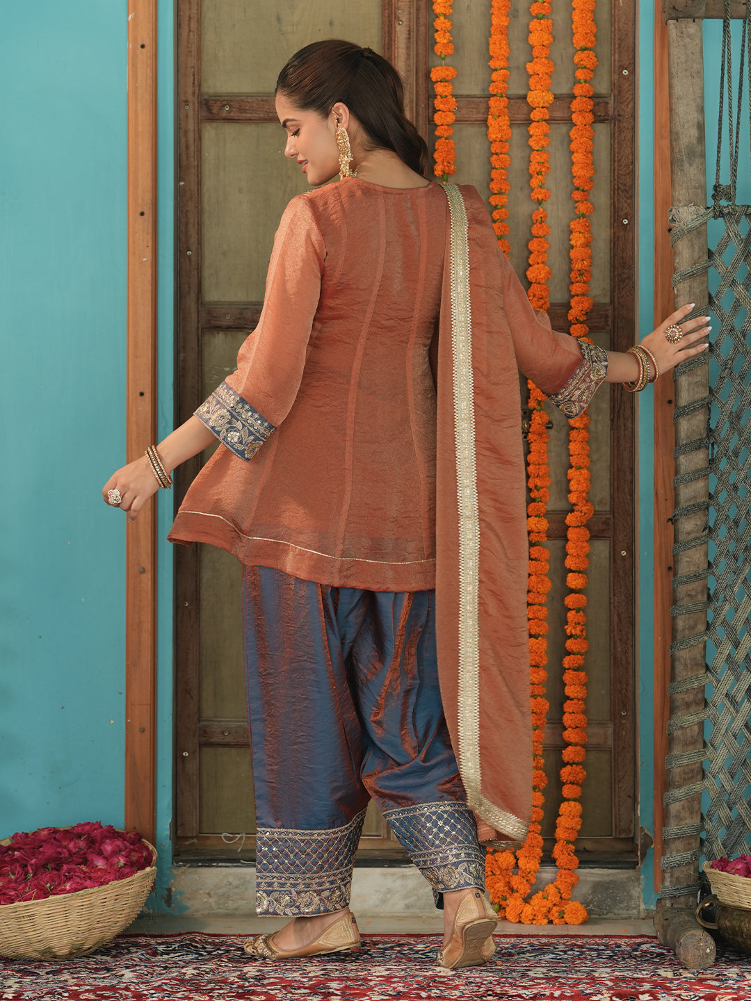 Women's Orange Silk Embroidered Farshi Suit Set