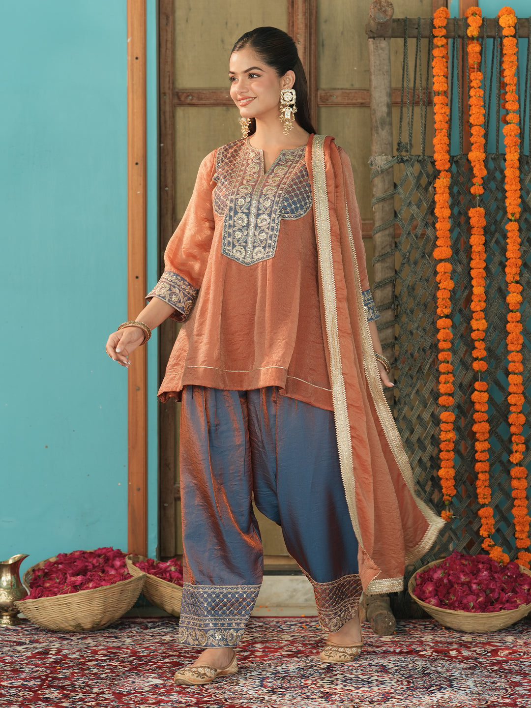 Women's Orange Silk Embroidered Farshi Suit Set