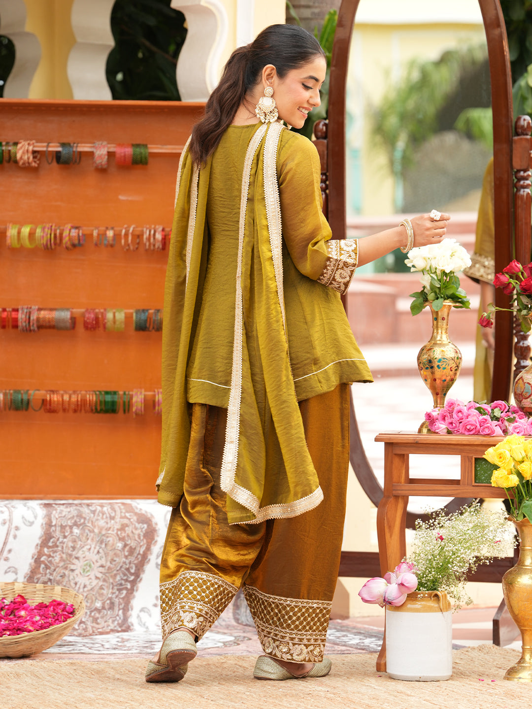 Green Silk Ethnic Suit Set with Palazzo & Dupatta