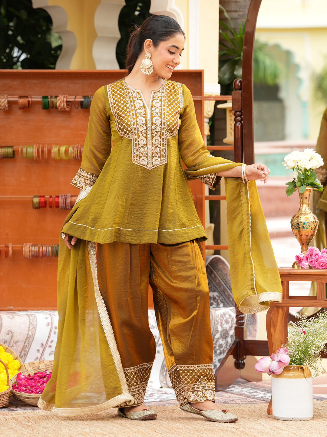 Green Silk Ethnic Suit Set with Palazzo & Dupatta
