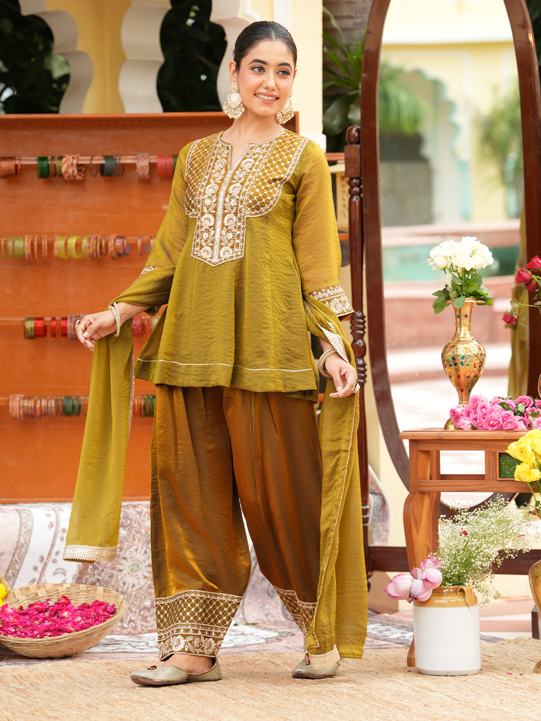 Green Silk Ethnic Suit Set with Palazzo & Dupatta