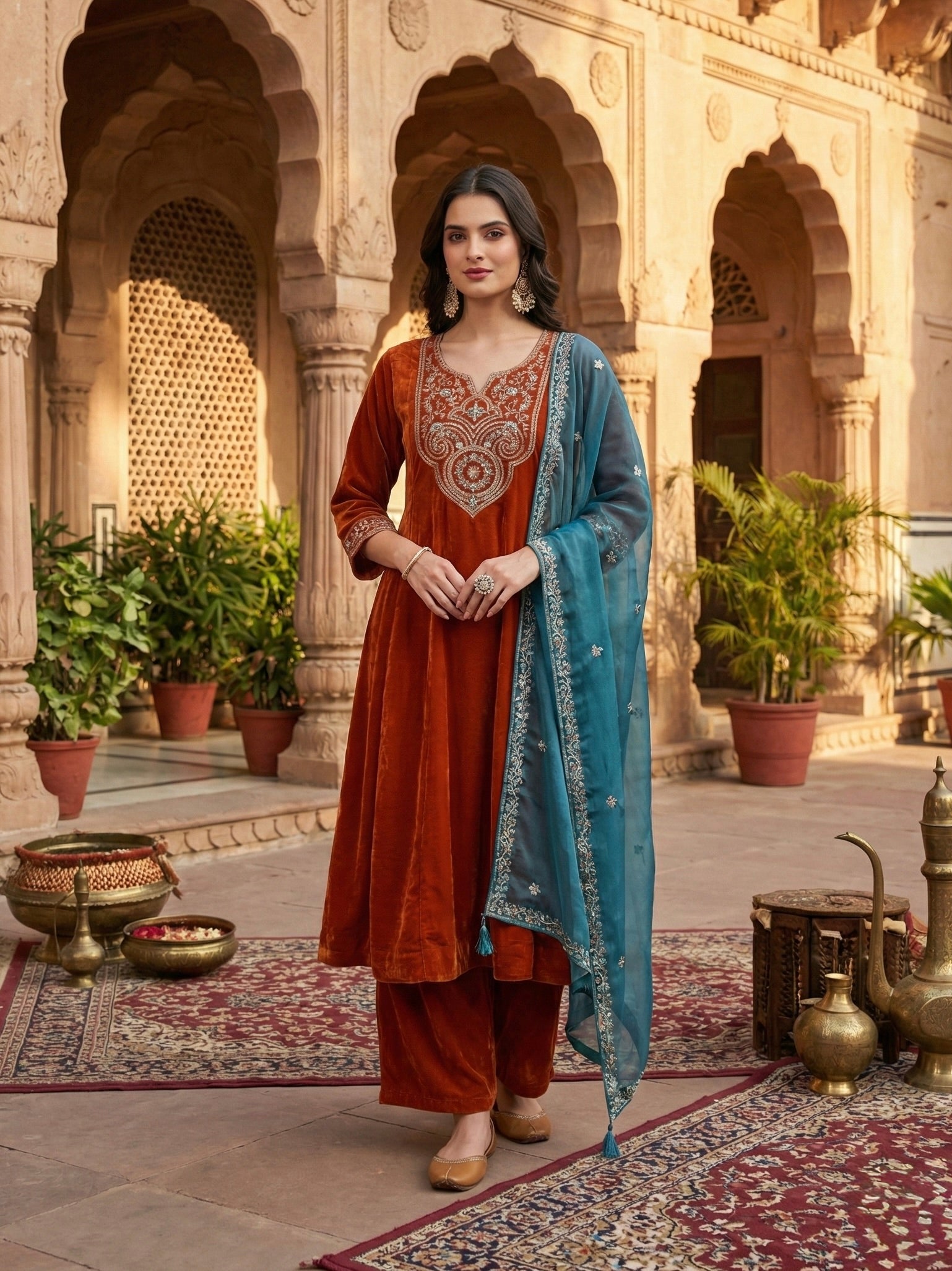 Orange Solid Velvet Anarkali Suit With Dupatta