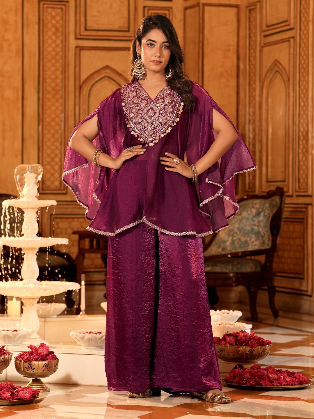 Berry Silk Embroidered Kaftan Palazzo Set For Women