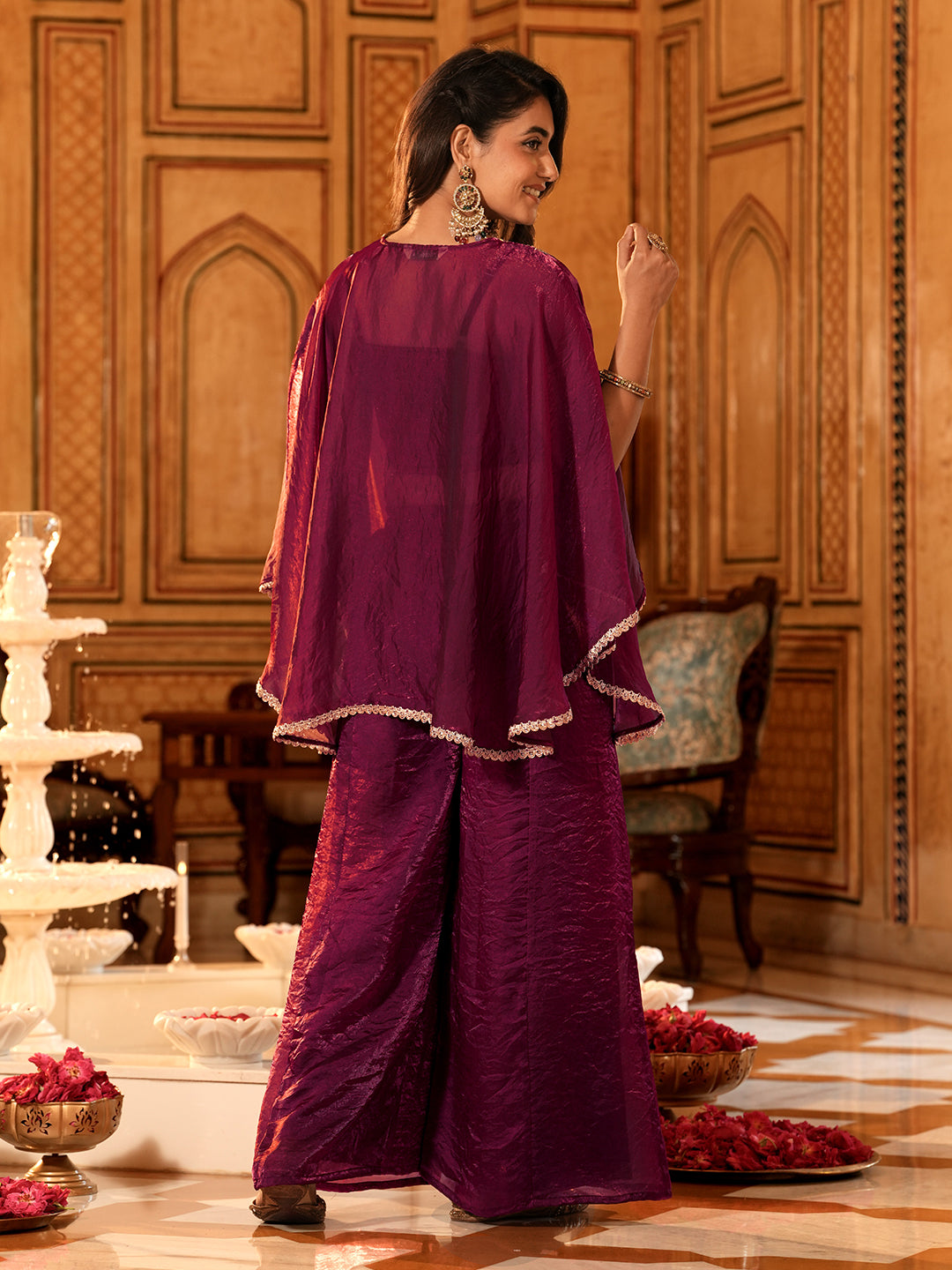 Berry Silk Embroidered Kaftan Palazzo Set For Women
