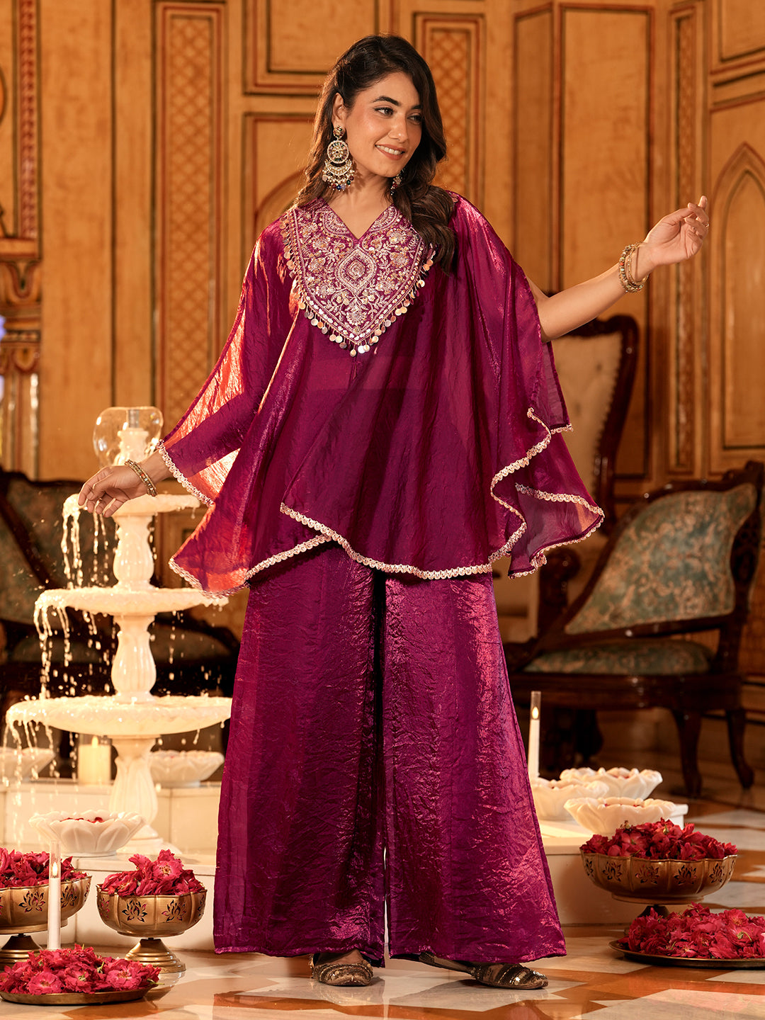 Berry Silk Embroidered Kaftan Palazzo Set For Women