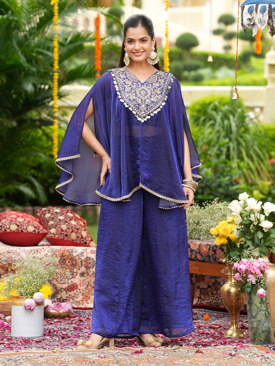Women’s Royal Blue Silk Embroidered Kaftan Set