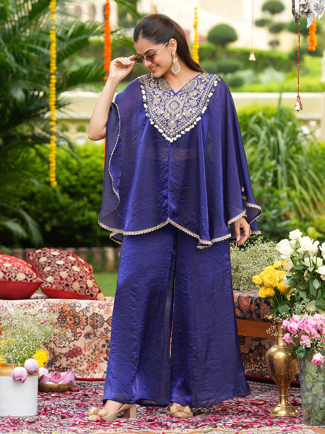 Women’s Royal Blue Silk Embroidered Kaftan Set