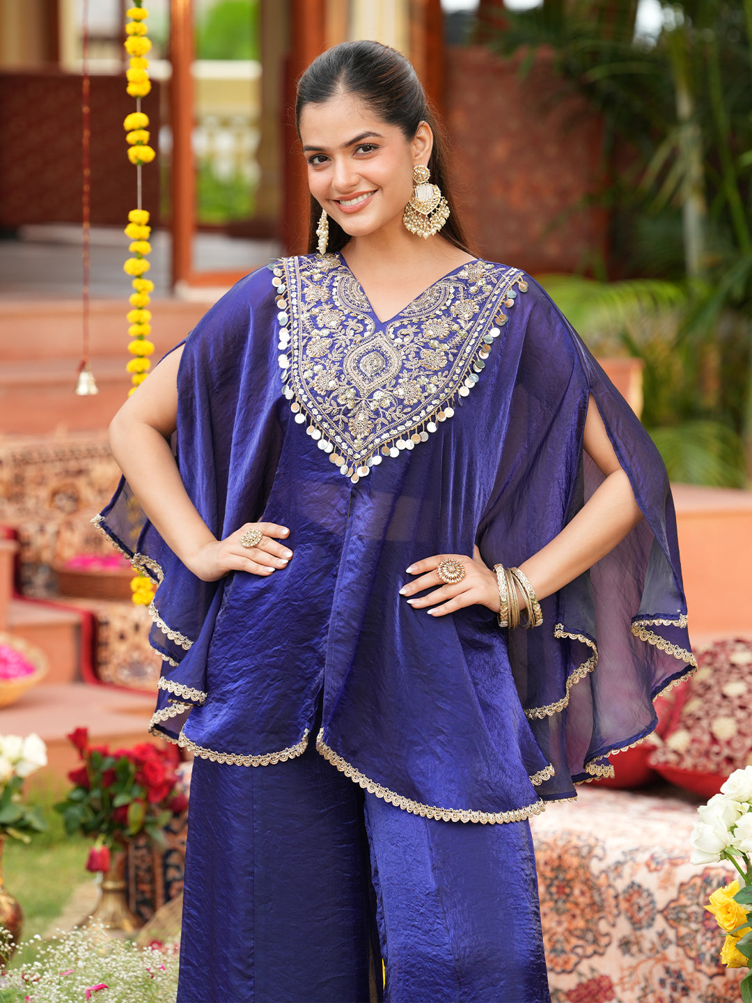 Women’s Royal Blue Silk Embroidered Kaftan Set