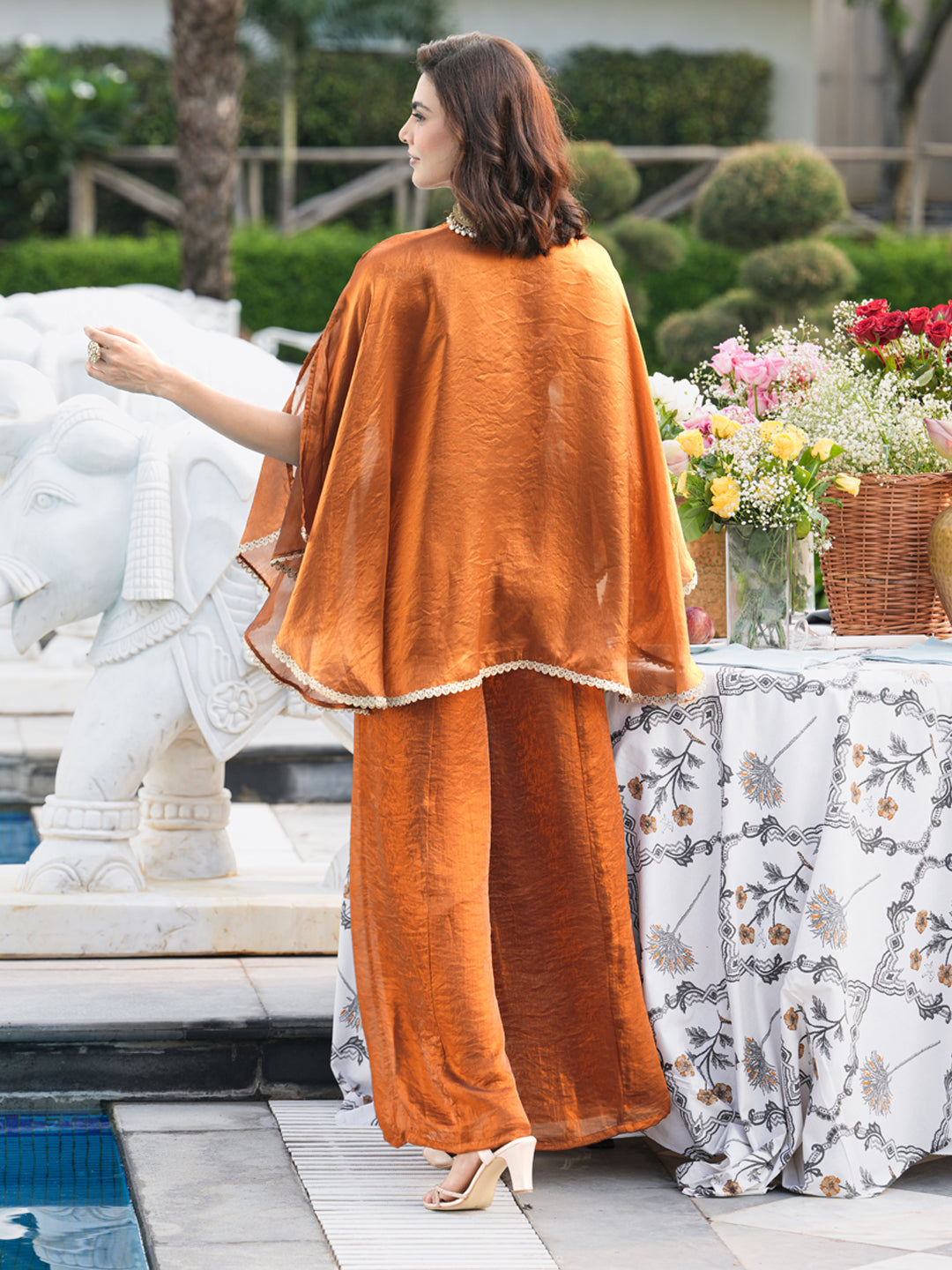 Rust Silk Embroidered Kaftan Style Palazzo Set for Women