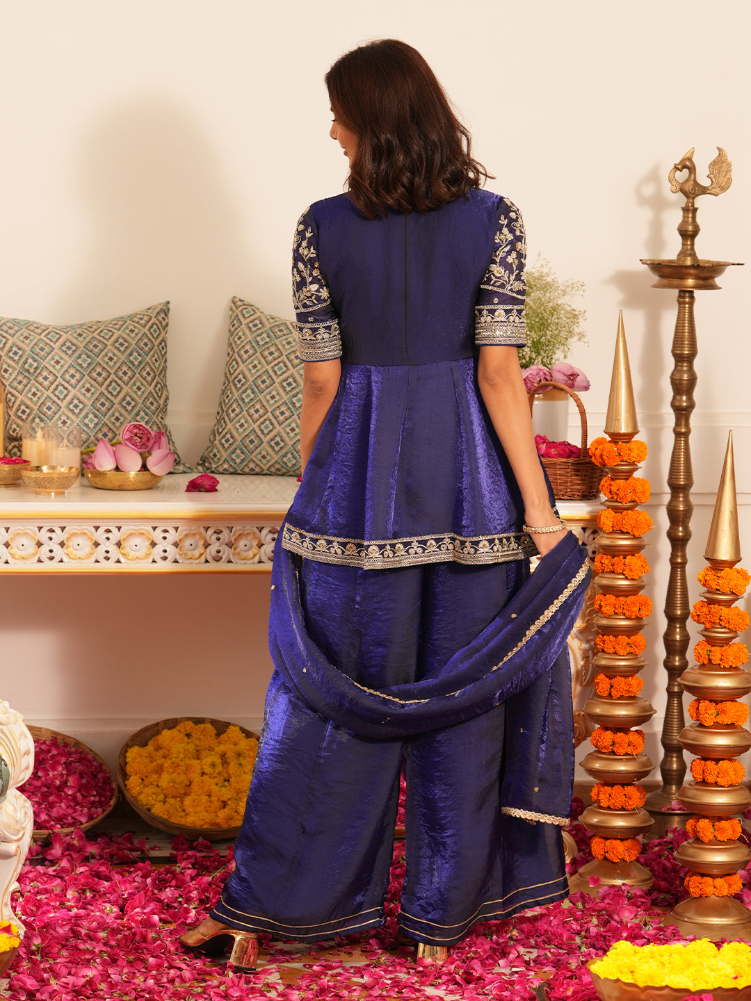 Women’s Royal Blue Silk Embroidered Sharara Set