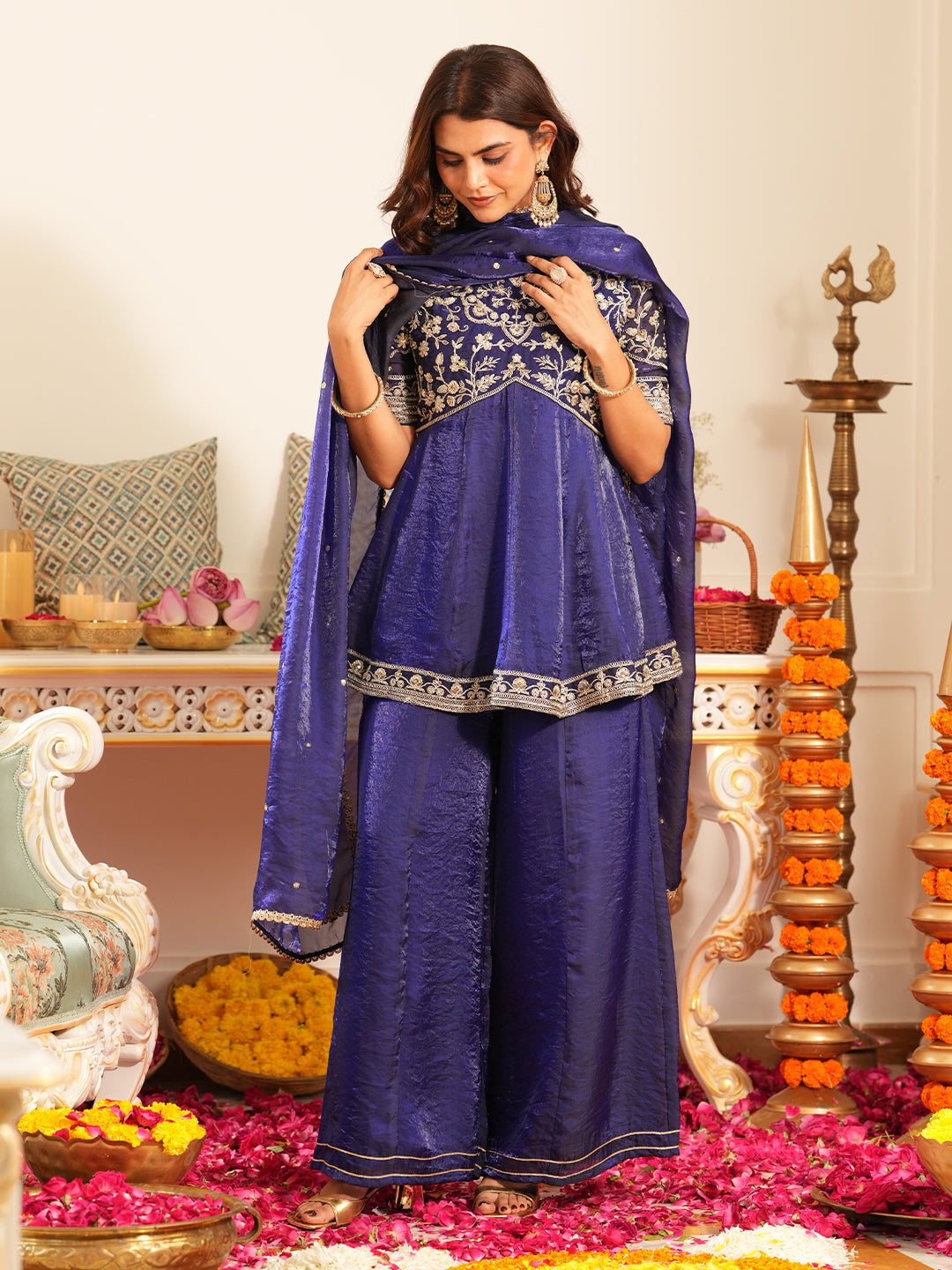 Women’s Royal Blue Silk Embroidered Sharara Set