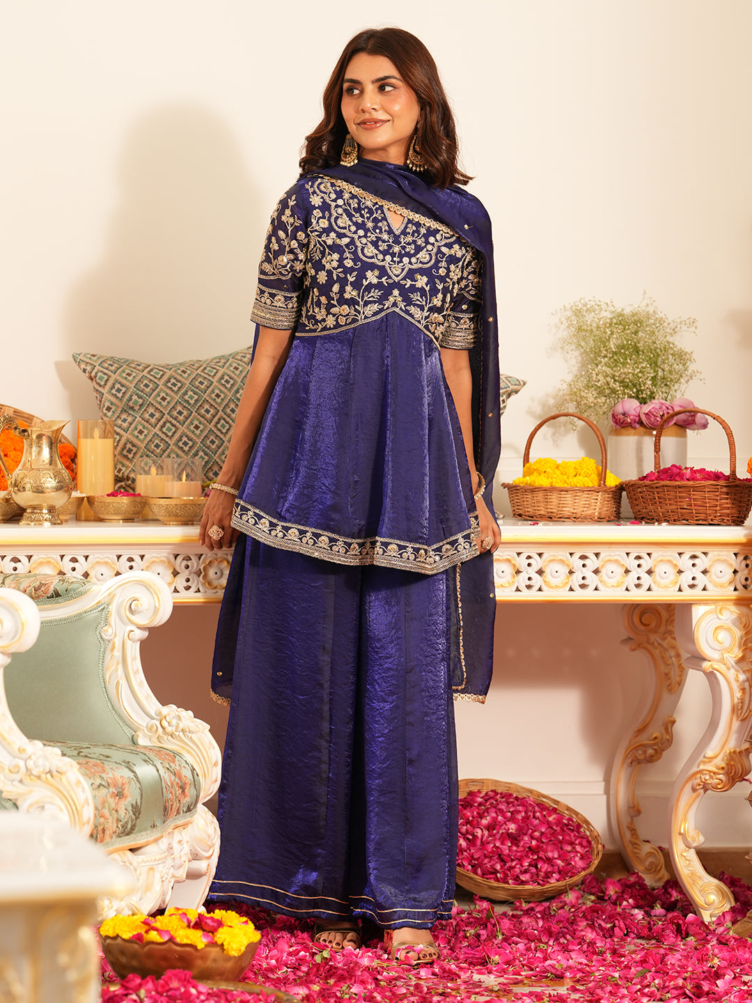 Women’s Royal Blue Silk Embroidered Sharara Set