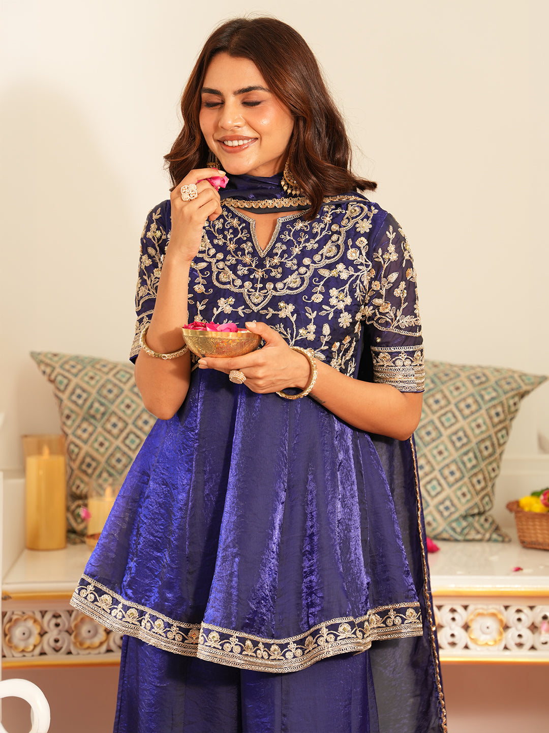 Women’s Royal Blue Silk Embroidered Sharara Set