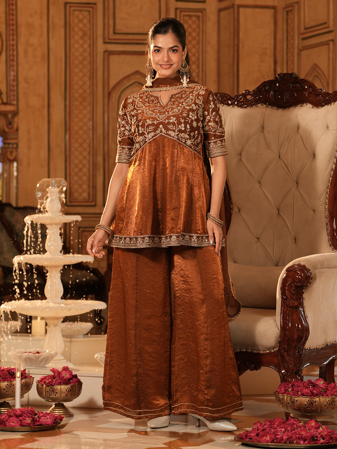 Rust Silk Embroidered Sharara Suit Set