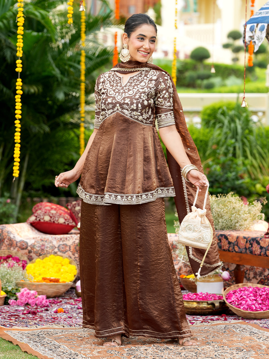 Brown Silk Embroidered Ethnic Sharara Set