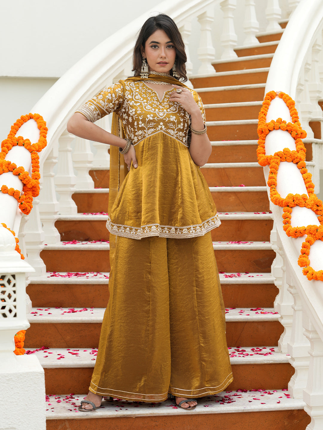 Women’s Golden Silk Embroidered Sharara Kurta Set