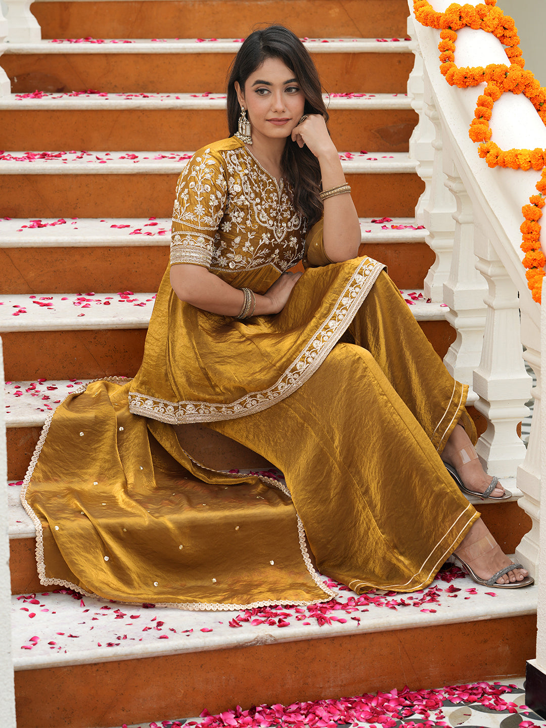 Women’s Golden Silk Embroidered Sharara Kurta Set