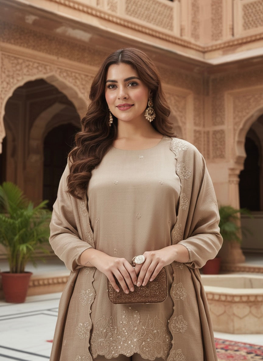 Grey Silk Embroidered Suit with Palazzo Set for Women