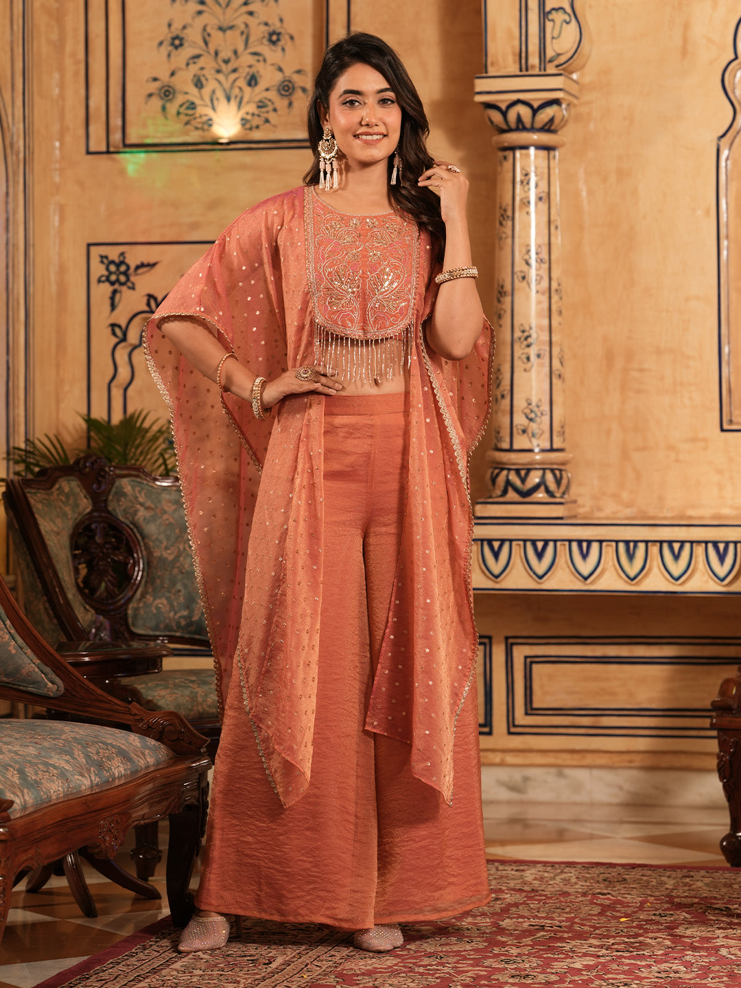Women’s Pink Silk Embroidered Ethnic Shrug Palazzo Set