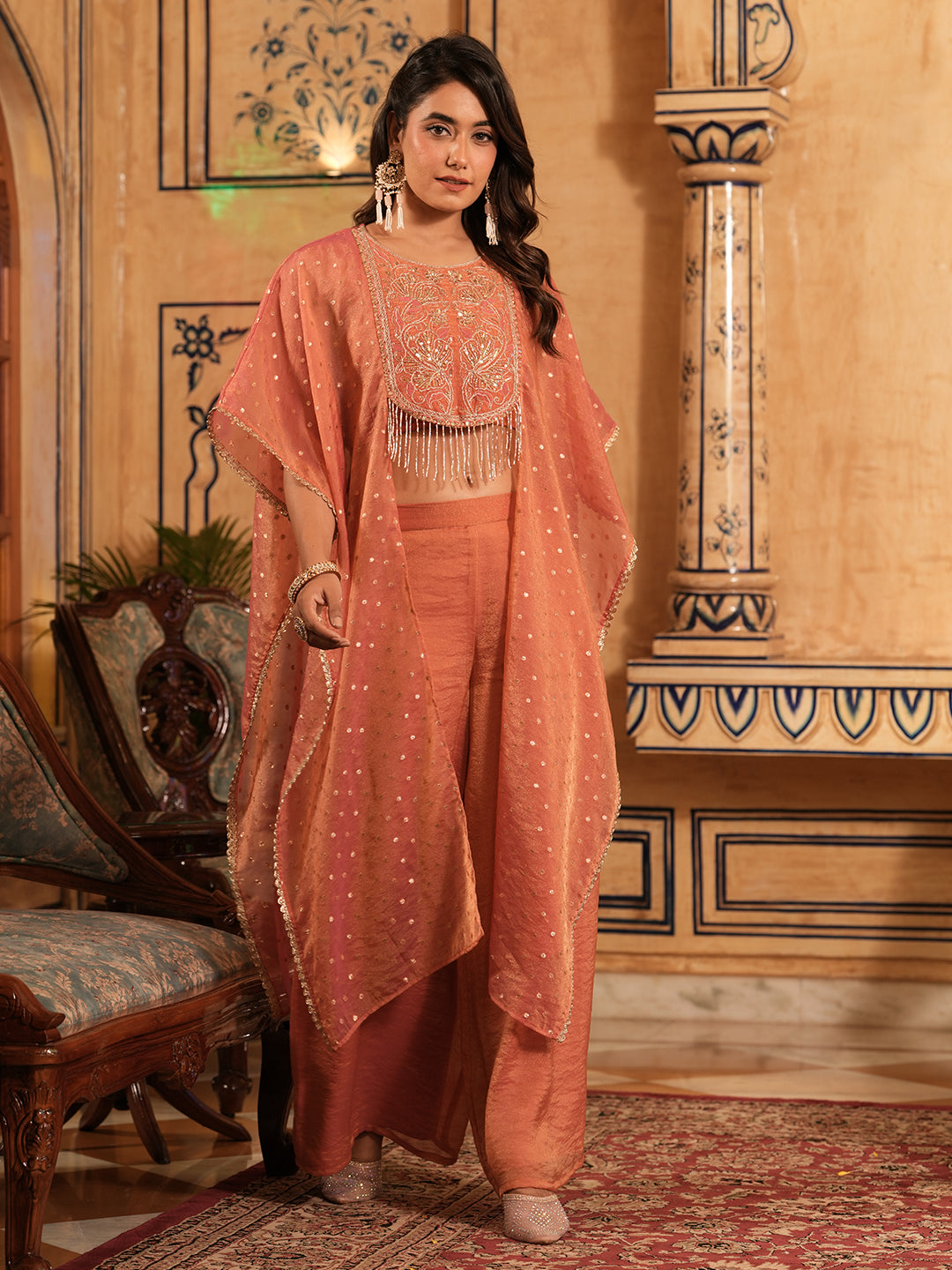 Women’s Pink Silk Embroidered Ethnic Shrug Palazzo Set