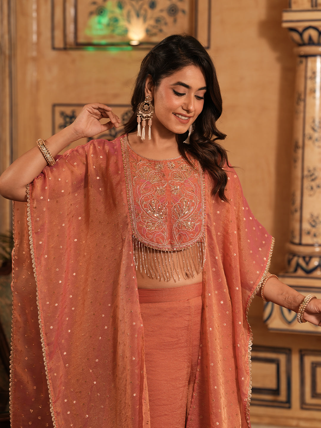 Women’s Pink Silk Embroidered Ethnic Shrug Palazzo Set