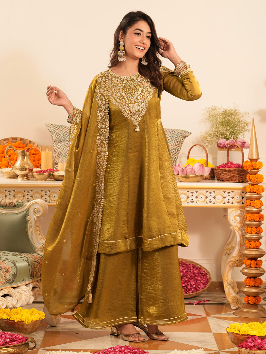 Golden Silk Embroidered Anarkali Suit Set